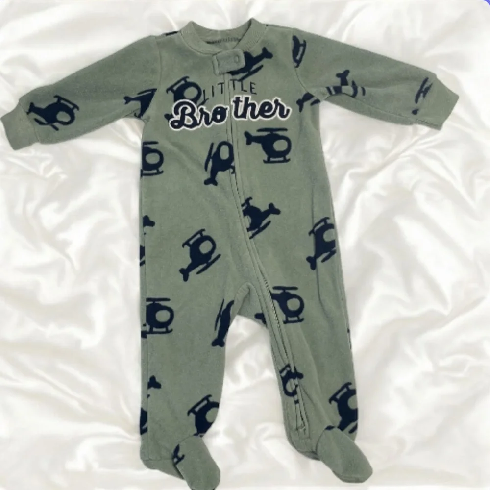 Carter's Green Helicopter Print Footie Fleece PJ’S - Picture 1 of 8